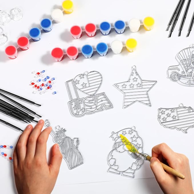 Pasimy 36 Sets 4th of July Arts Kit Patriotic Suncatchers Paint Your Own American Flag Window Hanging Ornaments Decorations Red Blue White Art Gifts for Independence Day Party Classroom Activity