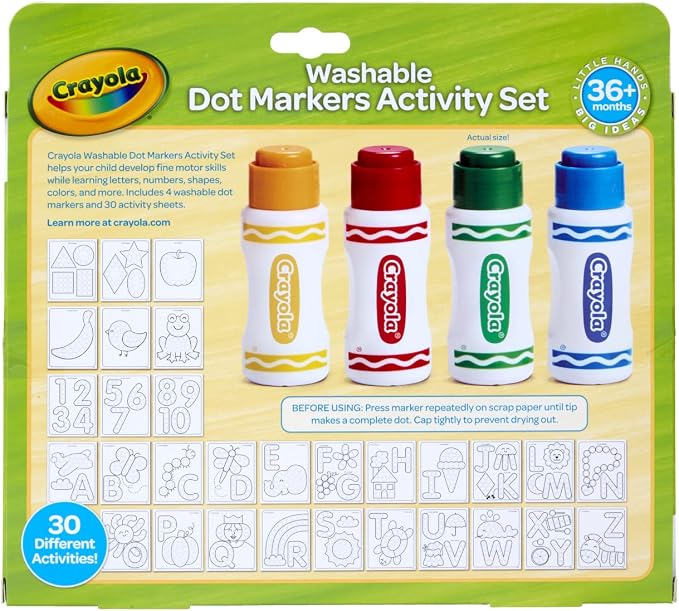 Crayola Washable Dot Markers Activity Set, 30 Toddler Coloring Pages & 4 Washable Markers, Dot Paints for Toddlers, Toddler Gifts, Ages 3+