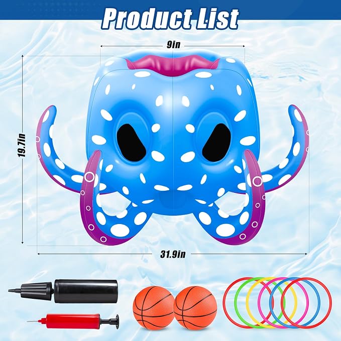 Octopus Pool Toys for Kids Ages 4-8, 8-12, 2-in-1 Inflatable Pool Floats Basketball Hoop & Ring Toss Swimming Pool Games, Summer Outdoor Water Games Beach Party Gift for Boys Girls Family