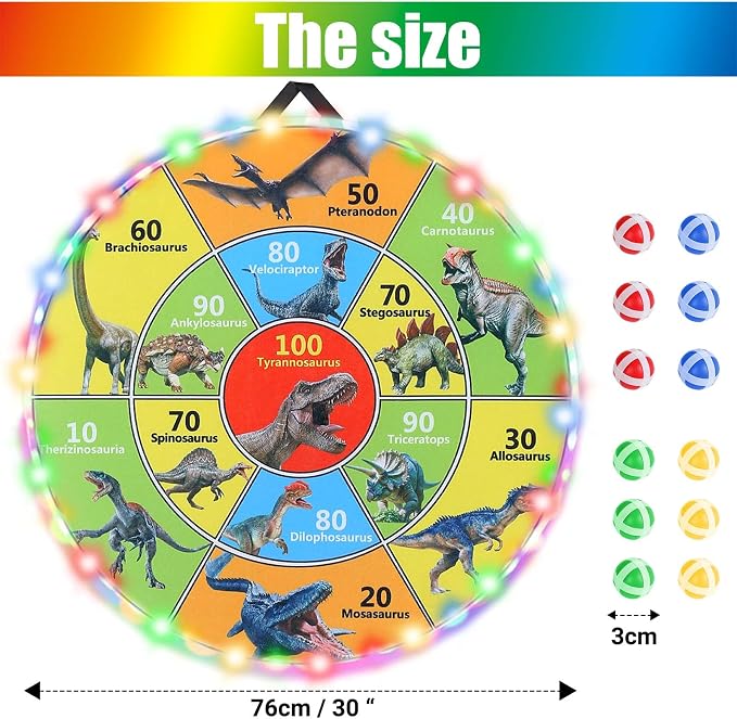 30 Inch LED Dart Board Kids Game,12PCS Sticky Balls,Indoor/Outdoor Sports Carnival Games Yard Party, Suitable for 3 4 5 6 7 8 9 10 Years Old Boys and Girls Birthday Gifts Dinosaur Toys
