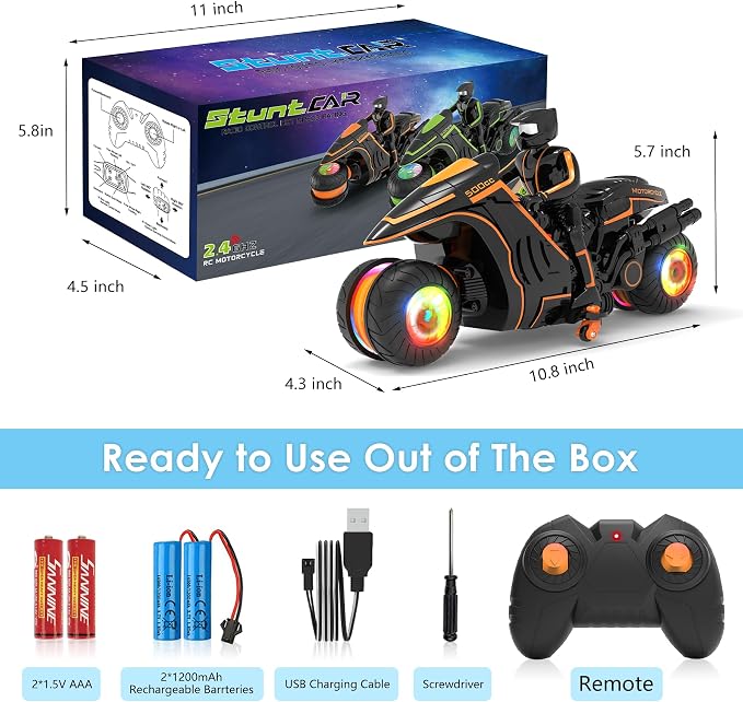 Remote Control Motorcycle with RGB Lights & Exclusive Side Glide | Ready-to-Play with 2 Batteries | 2.4GHz RC Stunt Bike Gift for Kids 5-12