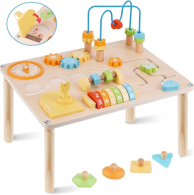 ATOYUS Activity Table for 1 2 3 Year Old, 8 in 1 Wooden Montessori Toys for Toddlers 1-3, Kids Sensory Game Play Table, 1st Christmas Birthday Boys Girls Gifts for 12 Months+ Baby