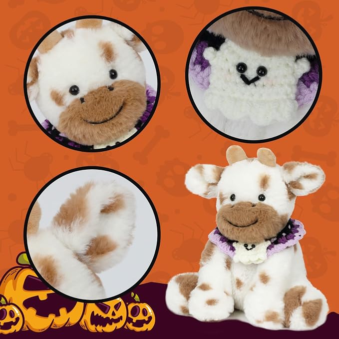 Hopearl Adorable Halloween Plush Cow Toy with Knitted Cute Ghost Bib Floppy Dairy Cattle Soft Stuffed Animal Kawaii Gifts for Boys Girls Kids Toddlers, Light Brown, 9''