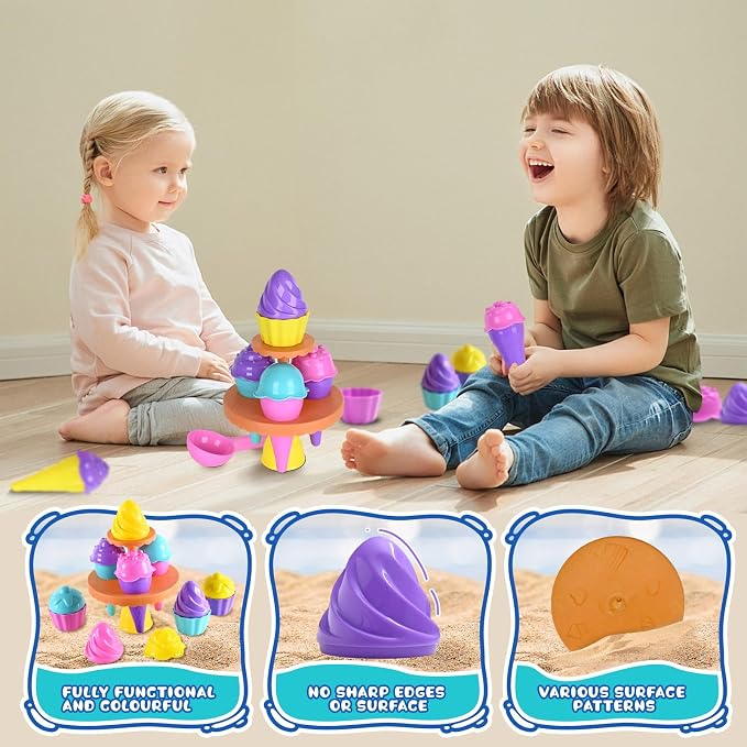 SupMLC Beach Toys Ice Cream Sand Toys - Toddlers Beach Essentials for Kids Girls Boys, Sand Molds, Shovels with Collapsible Mesh Bag, Travel Sand Box Toys for Beach, Party, Bath Toys Pretend Play