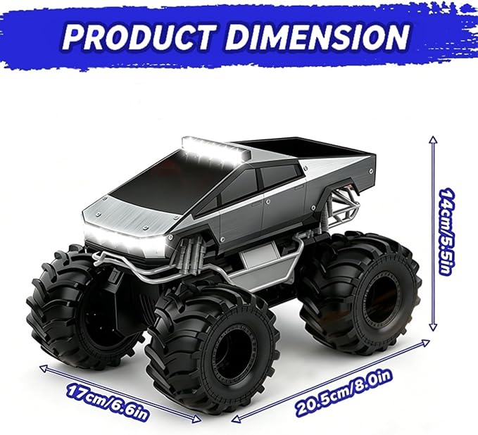 Qrytoi Waterproof Remote Control Car for Boys, 2.4GHz Amphibious RC Car, 1:18 4WD All-Terrain Monster Truck Toy with 360°Rotation and Non-Slip Tires, Toy Gift for Boys and Girls (Grey)