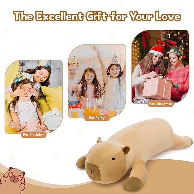 MorisMos 43.3" Long Capybara Plush Body Pillow, Capybara Stuffed Animal, Cute Capybara Pillow Plushie, Sleeping Body Pillow for Cuddling, Perfect Christmas Valentine's Birthday Gift for Kids & Adults