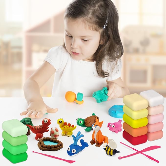 Air Dry Clay 96PCS (2x48Colors), Modeling Clay for Kids with 12 Sheets Dinosaur Stickers & 6PCS Sculpting Tools, Safe & Non-Toxic, DIY Molding Clay Gift for Boys and Girls