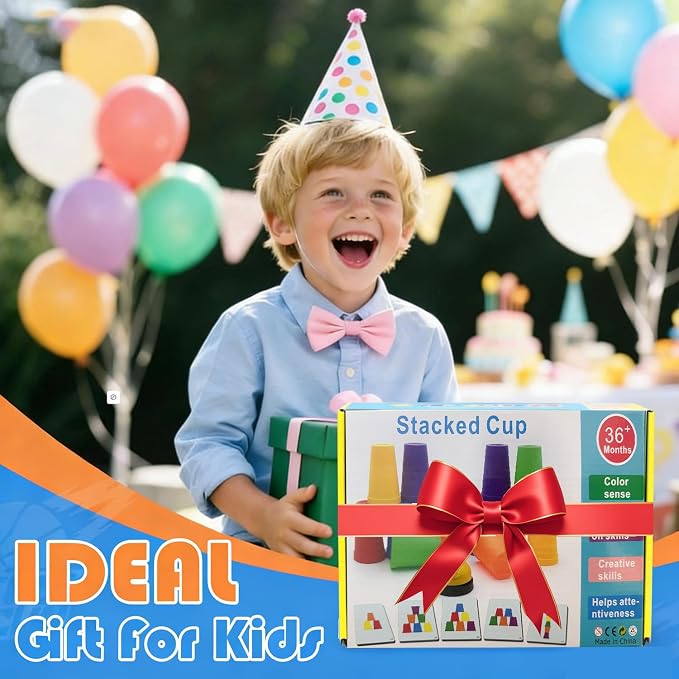 Cup Stacking Game Set with Cards and Bell, Quick Stack Speed Game + Building Blocks Puzzle 2-in-1, Family Party Game for Kids Ages 3-8, STEM Educational Toy 48 Pieces