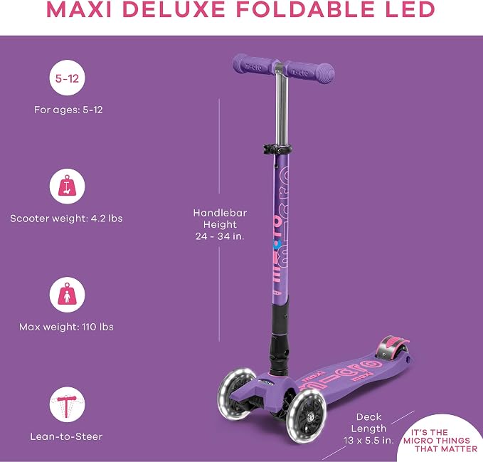 Micro Kickboard | Maxi Foldable LED Kids Scooter for Ages 5-12 | Children up to 110 lbs | 3 Wheel Lean-to-Steer Design | Adjustable T Bar | Smooth Ride, Motion Activated PU LED Wheels | Swiss Design