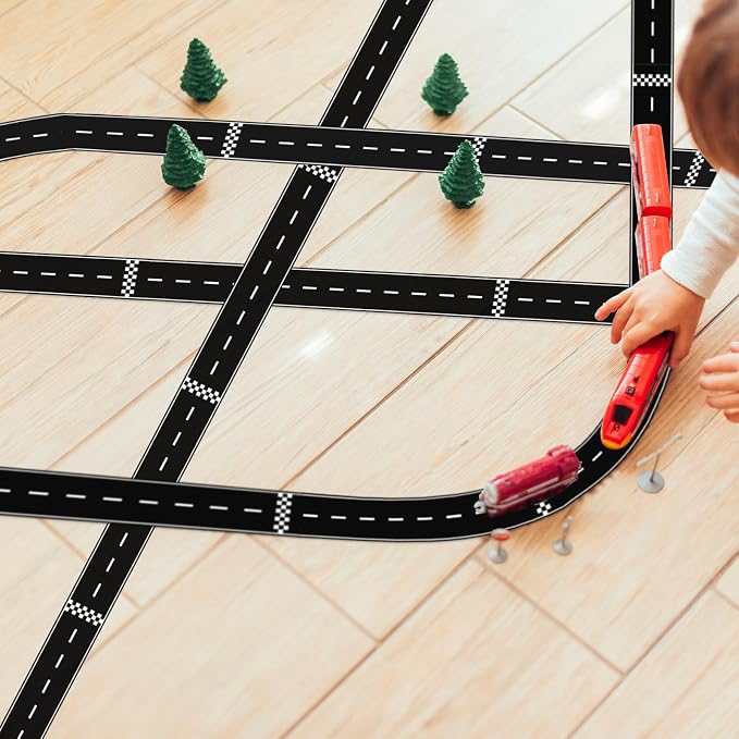 WNINK 2 Rolls Roadway Tape Road Tape, Kids Race Car Stickers, Race Car Track Decorations, 2.4 Inch Wide, 2 X 33 FT Long, Easy Tear, No Residue for Kids Birthday Racing Party Decoration