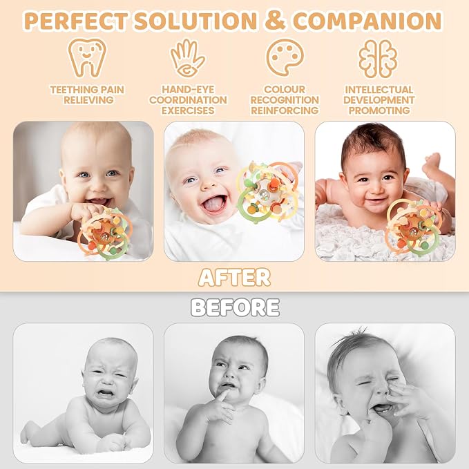 Baby Rattle Teething Toys, Baby Ball Teether Toys for 0 3 6 9 12 18 Months, Silicone Montessori Teethers with Rattle Ball for Newborn Infant, Sensory Delopmental Gift for Boys Girls, Brown