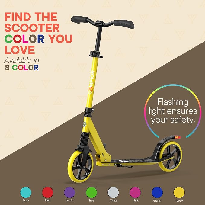 Campior Kick Scooter for Ages 6+, for Kids, Teens, and Adults, Max Load 240 LBS, Foldable, 8-inch Big Wheels for Kids and Adults, with Kickstand, 3 Adjustable Levels, Child Safety Approved, Yellow