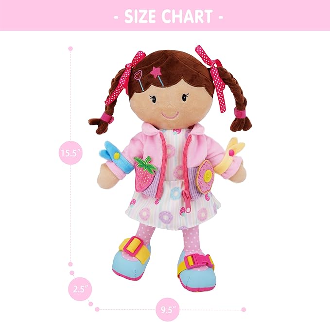 June Garden Personalized Dressy Friends Daisy – Custom Name Plush Doll for Toddlers – Montessori Learn-to-Dress Soft Toy with Buckles, Zipper & Ties – Educational Gift for Girls & Boys Age 2+