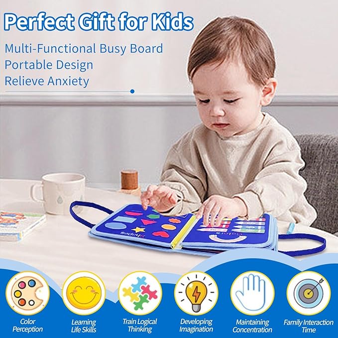 Busy Board for Toddlers 1-4, Montessori Sensory Activity Board with Fine Motor Skills Learning Toys, Travel Toy for Airplane and Car, Educational Gift for Boys and Girls