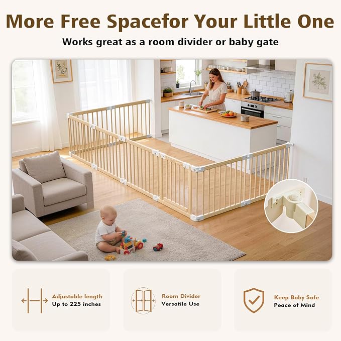 Baby Playpen, 56 * 56 * 24 inches Wooden Play Yard with Gate, Playpen for Babies and Toddlers, Baby Activity Center with Child-Proof Lock, Fence Play Area for Toddlers 6 to 36 Months