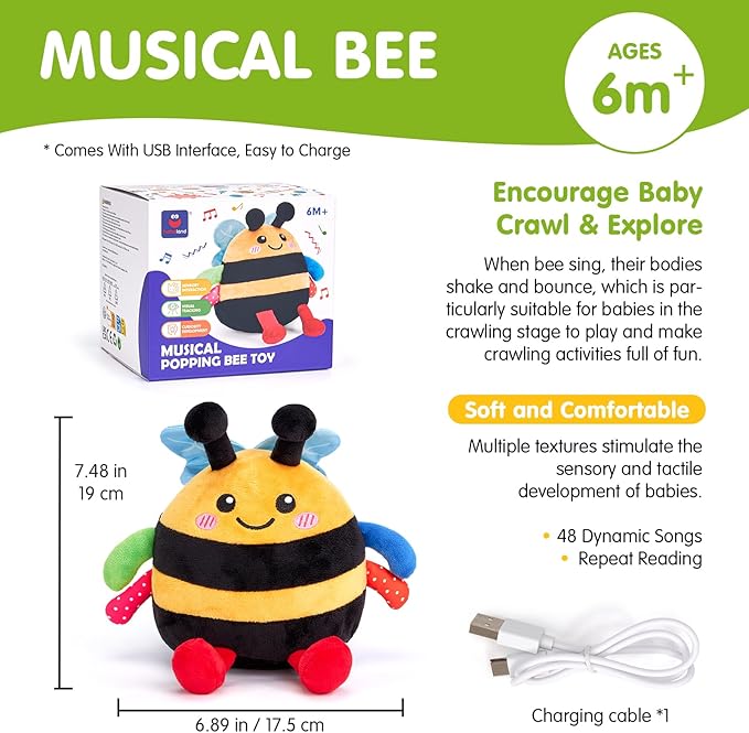 hahaland Tummy Time Bouncing Bee Toy for 6-12 Month, Musical Dancing Plush Bee Baby Toys 9 Month Old, Vibrating & Buzzing Bee Toy Gifts for 1 Year Old Boy & Girl