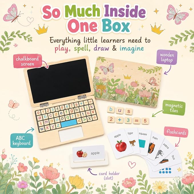 Montessori Toys 4 Year Old Girl Birthday Gifts 11.8" Floral Laptop, Homeschool Essentials, Educational Learning Pretend Play, Toddlers Toys, Customized Flashcards Learning