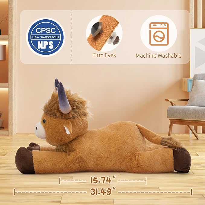 MaoGoLan Big Highland Cow Stuffed Animal for Kid,Large Cow Plush Pillow for Riding,Longhorn Stuffed Animal with Hair,Large Plush Farm Animal for Baby Shower, Birthday Gift,32 inches