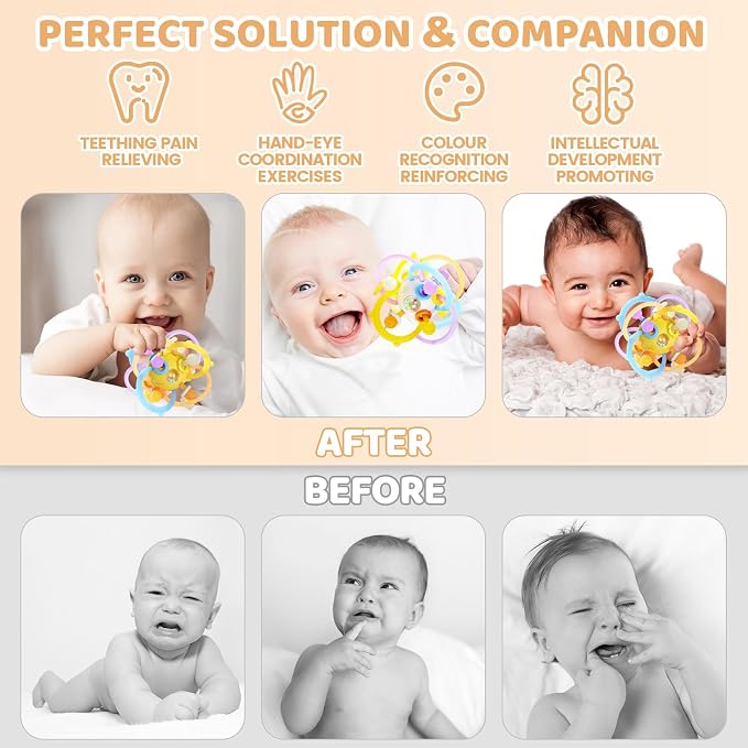 Baby Rattle Teething Toys, Baby Ball Teether Toys for 0 3 6 9 12 18 Months, Silicone Montessori Teethers with Rattle Ball for Newborn Infant, Sensory Delopmental Gift for Boys Girls, Yellow