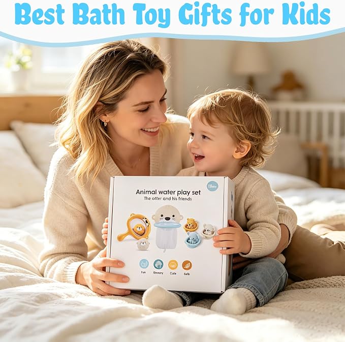 Otter Bath Toy for Toddlers 1-3, 12pcs No-Hole Bath Toys for Kids Interactive Basketball Hoop, Squeeze Animal Balls, Floating Boats, Fishing Net and Storage Bag Bathtub Pool Water Toys for Boys Girls
