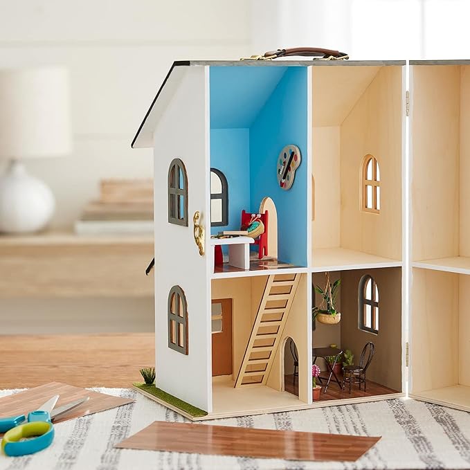 Make Market Dollhouse, Unfinished Two-Story Hinged Wood Craft Kit, Natural, 9" x 13", 1-Pack