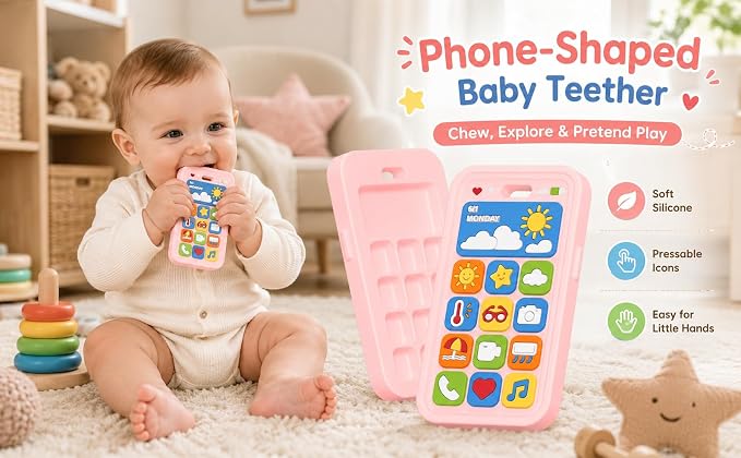 Baby Teething Toys Silicone Baby Phone Teether Over 3 Months - Sensory Chew Toys Baby Teether for Teething Relief - BPA Free Infant Toys Baby Shower Gifts (1, Pink)