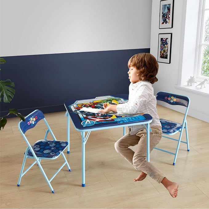 Marvel Avengers 3-Piece Kids Activity Table and Chair Set – Square Table with 2 Folding Chairs, Superhero-Themed Furniture for Ages 3+, Ideal for Playroom, Arts & Crafts, or Snacks
