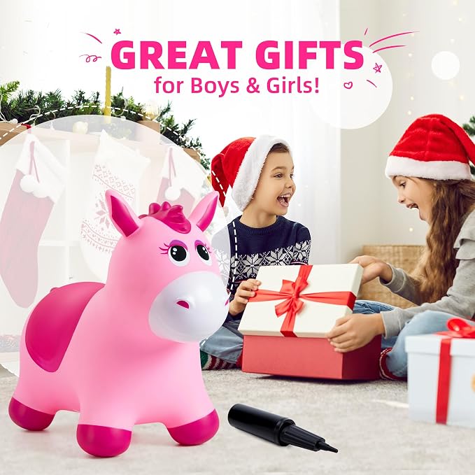 Bouncy Animals Horse for Toddlers, Hopping Toys Jumping Horse Hopper, Ride on Toys Indoor Outdoor Inflatable Birthday Gifts for Boys Girls 18 Months 2 3 4 5 6 Year Old, Pink