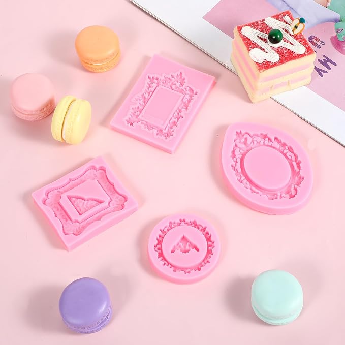 JJUNW 4 Pcs Photo Frame Silicone Molds, Baroque Style Air Dry Clay Molds, Mini Frame Molds Silicone for Cupcake Topper Cake Decoration Chocolate Candy Polymer Clay