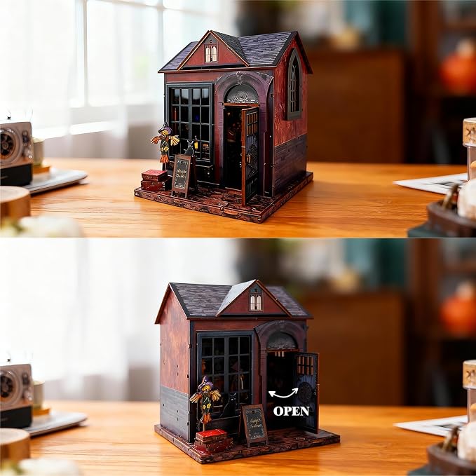 Magic Cabin Miniature Dollhouse with LED Lights, Vintage Furniture & Decor β Handcrafted Fantasy Shop Display for Home Decor, Collectibles & Gifts