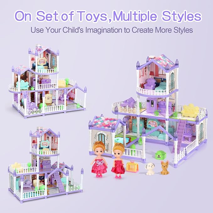 Lilac Purple Doll House for Girls, Dream Dollhouse 9 Rooms with 2 Dolls, Animals, Lights, Furniture and Accessories, Pretend-Play Toddler Playhouse Gift 3+ Year Old Girls Toys
