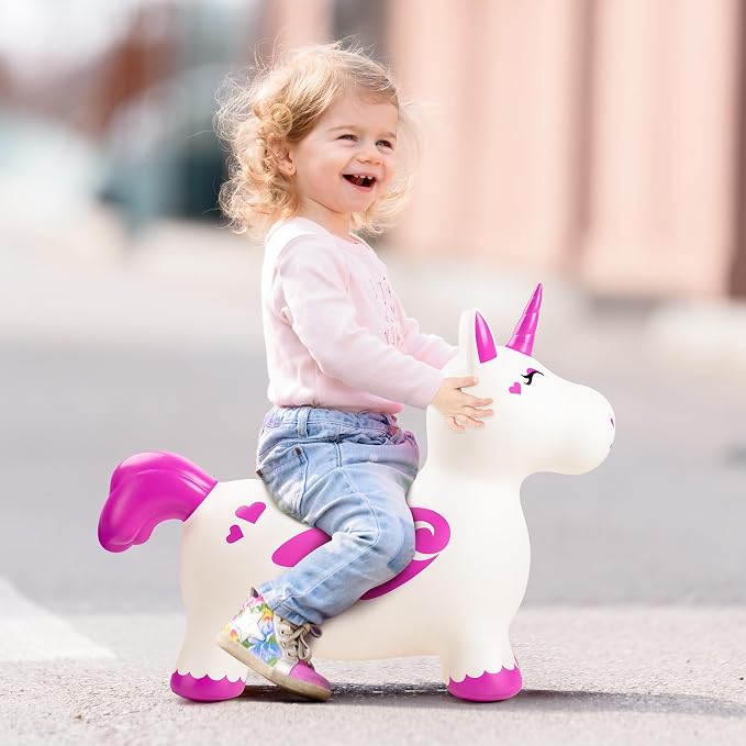 Bouncy Unicorn Hopping Toys for Kids, Inflatable Bouncing Animal Hopper, Outdoor Indoor Ride On Horse Bouncer, Boys Girls Birthday Gift for 18 Months 2 3 4 5 6 Years Old Toddler