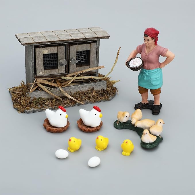 ONEST 16 Pieces Mini Farmer Figurines Hand Painted Chicken Coop Figures Realistic Detailed Hen Chick Chicken Nest Farmer Farm Animal Figurine Model