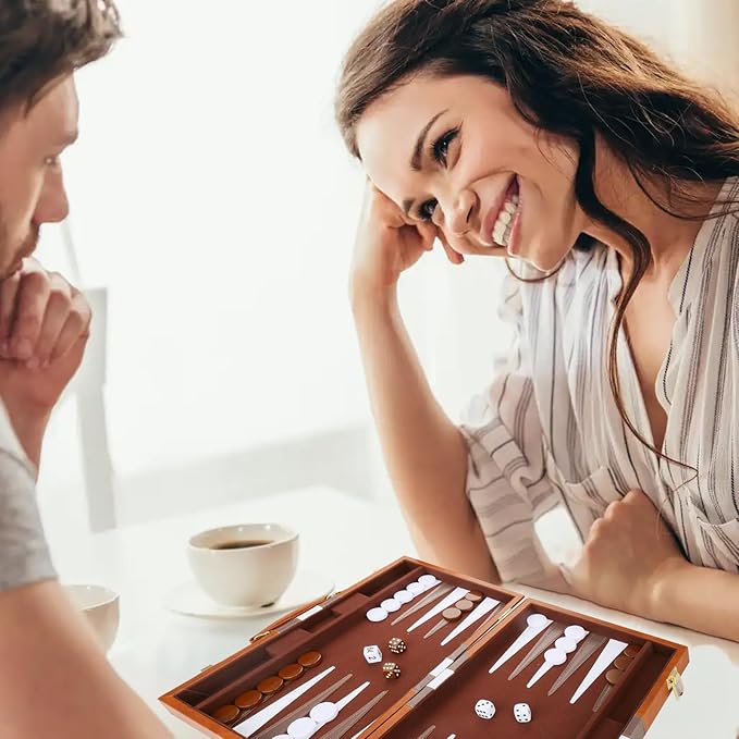 Backgammon Set - Classic Board Game with Premium PU Leather Case & Portable Travel Strategy Backgammon Game Set for Adults, Kids Family Game Night, Vacation & Giftss (11inch Small, Brown)