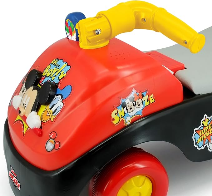 Kiddieland Mickey Mouse Foot-to-Floor Ride-On with Foldable Handle, Interactive Sounds, Toy Phone, Under-Seat Storage, Wide Wheels, 12–36 Months, 55 lb Limit, Batteries Included