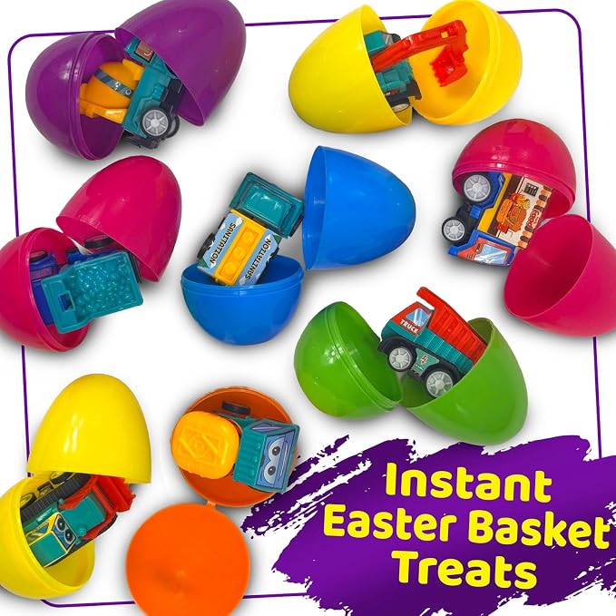 stargo 16 Pack Colorful Prefilled Easter Eggs bulk with toys - Mini Car set Construction Engineering Vehicles pull-back cars. Plastic Easter Eggs Filled, Basket Fillers, Party Favors, Boys Goodie Bags