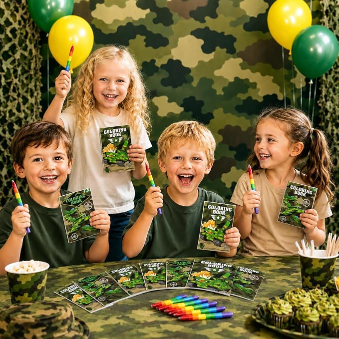 Cinrobiye 24 Set Coloring Books DIY Bulk Mini Ten Plagues Coloring Booklet with Stacking Crayons for Jewish Family Pesach Favors Goodie Bags Stuffer School Classroom Activity Rewards (Military)