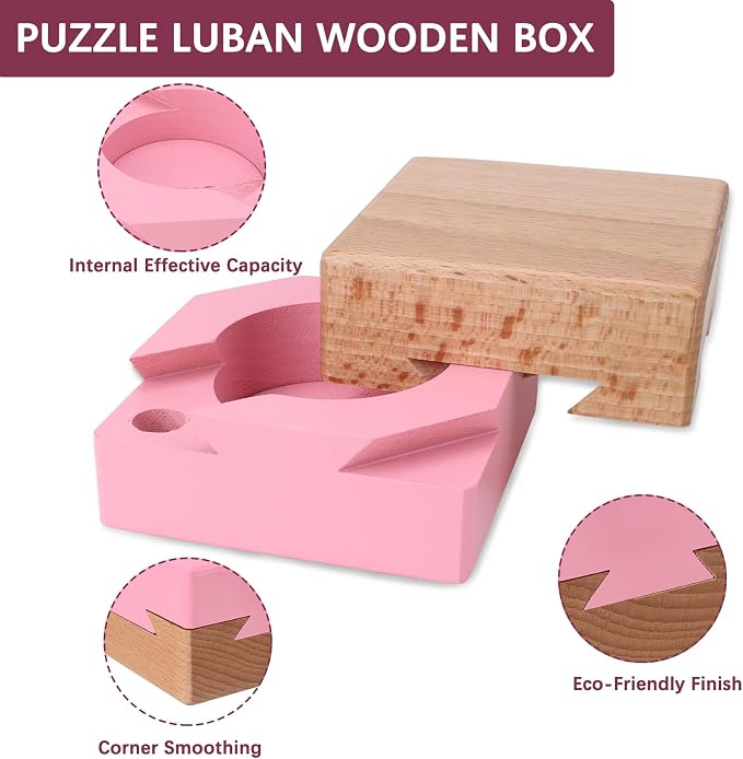 DC-BEAUTIFUL Wooden Magic Box Brain Teaser Box, Pink Secret Gift Box Impossible Puzzle Box for Birthday Valentines