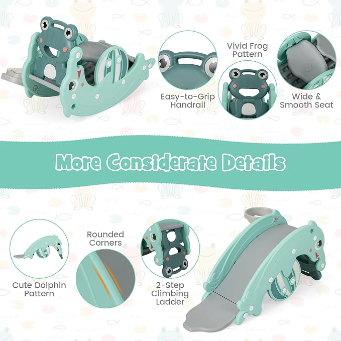 Costzon 4 in 1 Toddler Slide Rocking Toy, Slide for Kids with Basketball Hoop, Rocking Horse, Climber Playground for Both Indoors Outdoor Use (Green Frog)