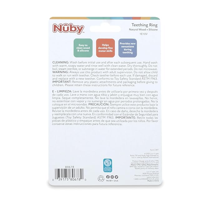 Nuby Elephant Teething Ring for Infants - Natural Wood and Silicone Baby Teethers - 3+ Months - Baby Teething Toy