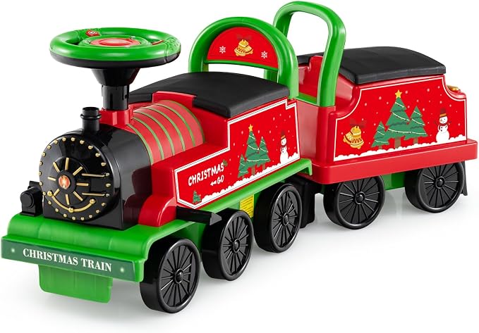 OLAKIDS 6V 2-Seater Ride on Train with Carriage, Storage, Train Whistle, Music, Lights for 18 Months+ (2 Seaters, Christmas)