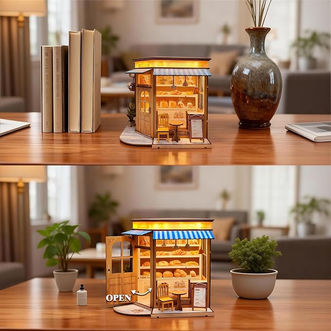 DIY Miniature House - LED Lighting Book Nook Kit Dollhouse Kit for Adults and Teens, Book Nook Tiny House Bookshelf 3D Wooden Puzzle, Gifts for Family Friends (Bakery)