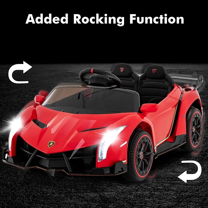 INFANS 2 Seater Kids Ride on Car, 12V 4WD Licensed Lamborghini Veneno Powered Electric Vehicle with Hydraulic Doors, Rocking Mode, Adjustable Speeds, Remote Control, MP3, Headlight (Red)