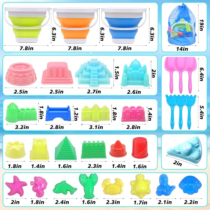 Collapsible Beach Toys for Kids, 38Pcs Sand Toys, 3 Foldable Buckets and Shovels Set with Mesh Bag,Sand Castle Building Kit, Travel Sandbox Toys, Beach Essentials for Kids Toddlers Boys Girls Age 3-10
