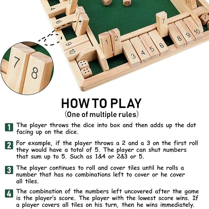 Ropoda Wooden Shut The Box Game (2-4 Players) - Large 4 Sided Board, 8 Dice, Rules - Amusing Addition Game for Kids & Adults, 12 Inch