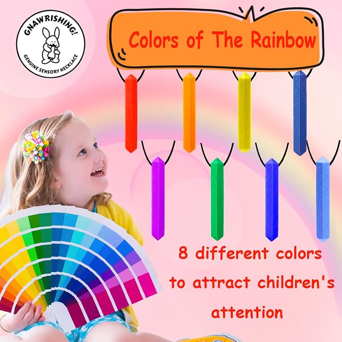 Sensory Chew Necklace, 8 Pack Diamond Chew Necklaces for Sensory Kids, Made from Food Grade Silicone for for Autistic, ADHD, Oral Motor Boys and Girls Children (Rainbow Color)