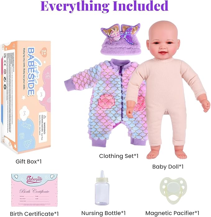 BABESIDE Mermaid Baby Doll Girl, 17-Inch Realistic Soft Baby Dolls with Shiny Mermaid Tail & Accessories, Cute Mermaid Toys for Girls Ages 3+ Kids, Christmas, Birthday