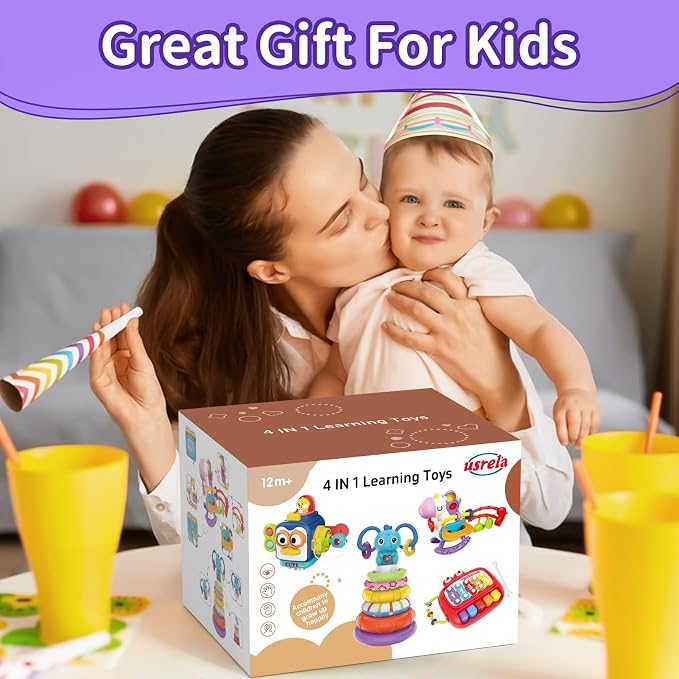 usrela 4 in 1 Baby Toys for 12 18 Month, Learning Toys for Babies 12-18-24 Months, Busy Cube, Stacking Sorter, Piano Xylophone Pull String Travel Toy, Birthday Gifts for Toddlers 1 2 Years Old