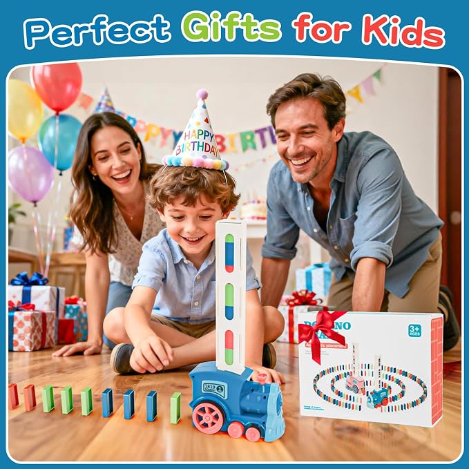 Gigilli 220Pcs Domino Train Toys, Automatic Dominoes Building Train Set for Kids 2-4 4-8, Stacking Kids Games Stem Montessori Educational Toys for 3 4 5 6 7 8 Year Old Boys Girls Birthday Gifts