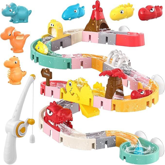 Dinosaur Bath Toys with Track & Fishing Rod – 47PCS Wall Suction Slide Playset for Toddlers, DIY Water Race Track with 6 Dino Toys, Bathtub Fun Gift for Kids Boys Girls Age 3+